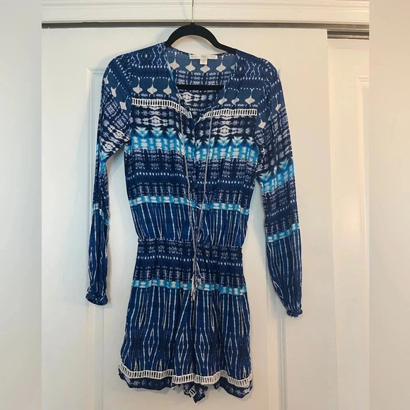 Boston‎ Proper Long Sleeve Shorts Romper Women's Size XS Blue White Abstract - Picture 1 of 5